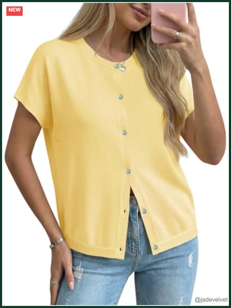 Oversized Short Sleeve Cardigan Button Down Crew Neck Lightweight Soft Knit